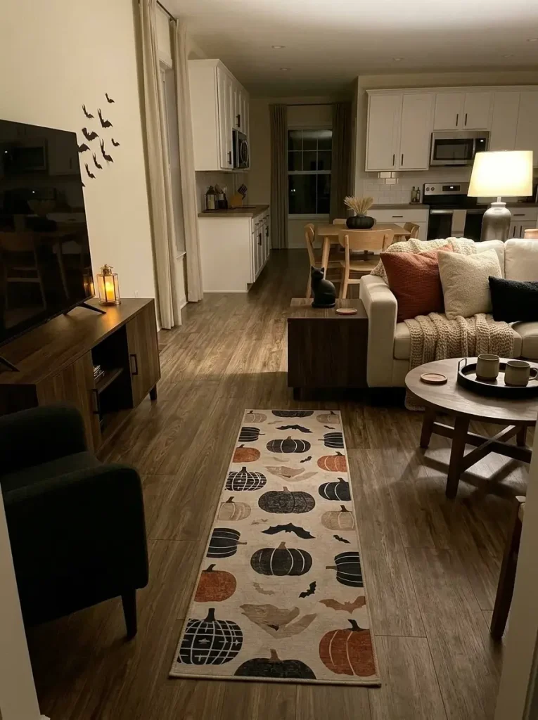 One muted Halloween rug adds seasonal pattern to a small mobile home while the surrounding walnut floor and walking path remain clear.