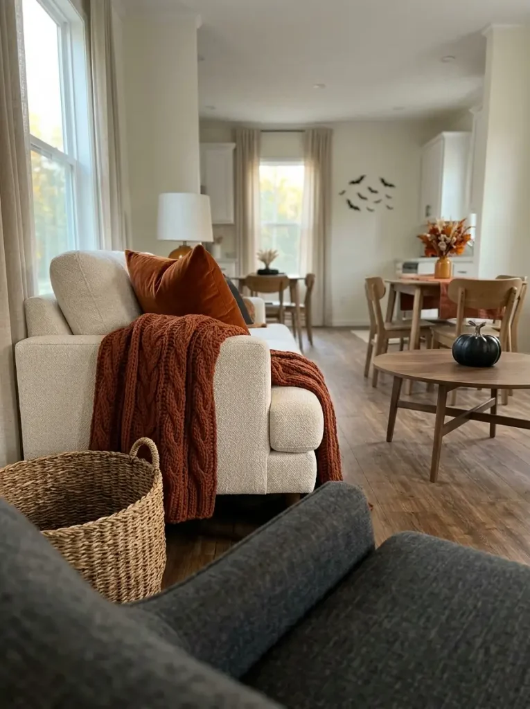 Small mobile-home Halloween living room uses chunky knit, velvet, brushed cotton, and woven textures to create warmth with very little themed décor.