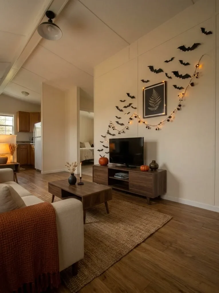 Seated view of a small mobile home living room with Halloween bats and warm lights concentrated around the TV wall.