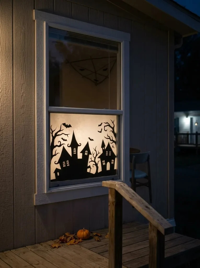 Layered DIY Halloween window silhouette glowing at night in a single-wide mobile home.