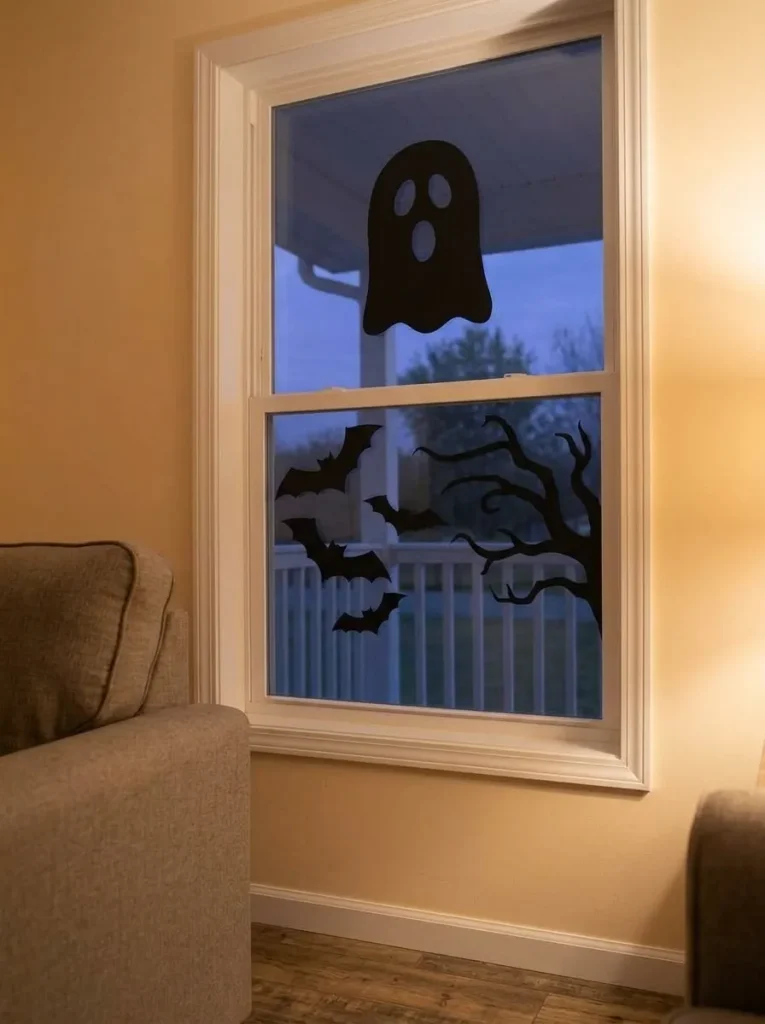 Black Halloween window silhouettes glow against a mobile home window at dusk while still leaving much of the glass clear.