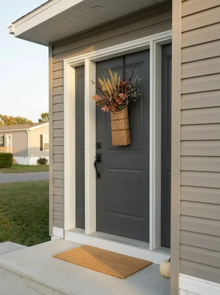 Vertical harvest basket with grasses and fall foliage on a narrow mobile home front door.