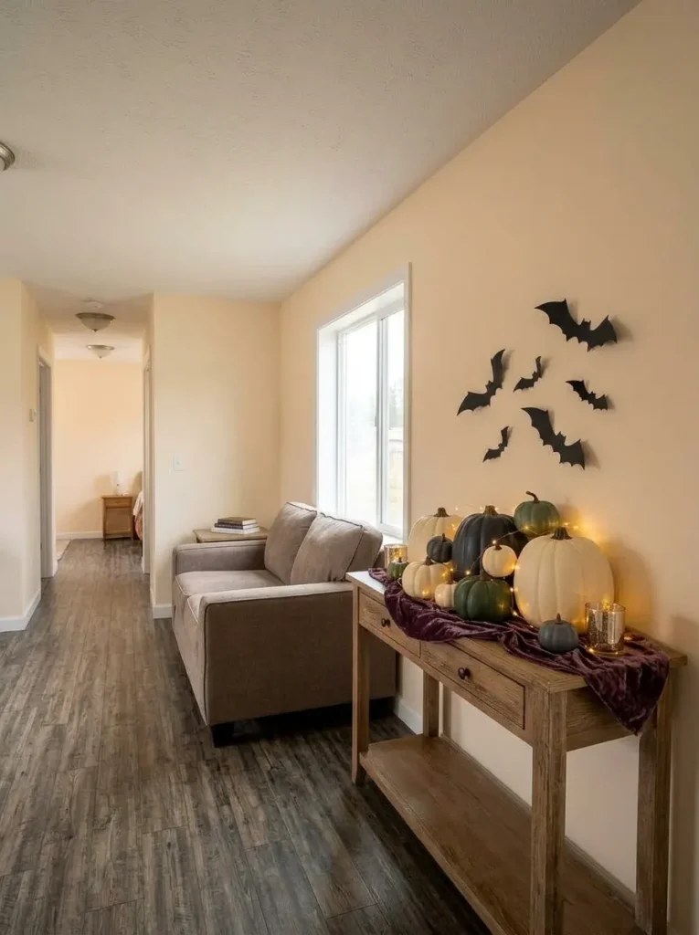 Polished mobile home Halloween display with controlled cords, hidden attachment points and grouped matte decorations.