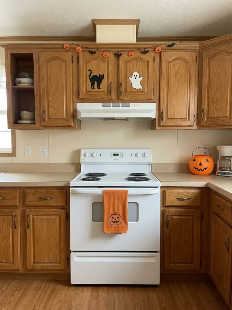 The home's original oak, beige, and white finishes become part of the nostalgic Halloween backdrop instead of something to conceal.