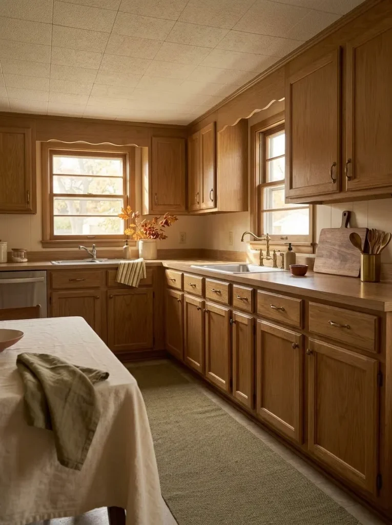Honey oak mobile home cabinets balanced with cream, olive, brown and aged brass fall accents.