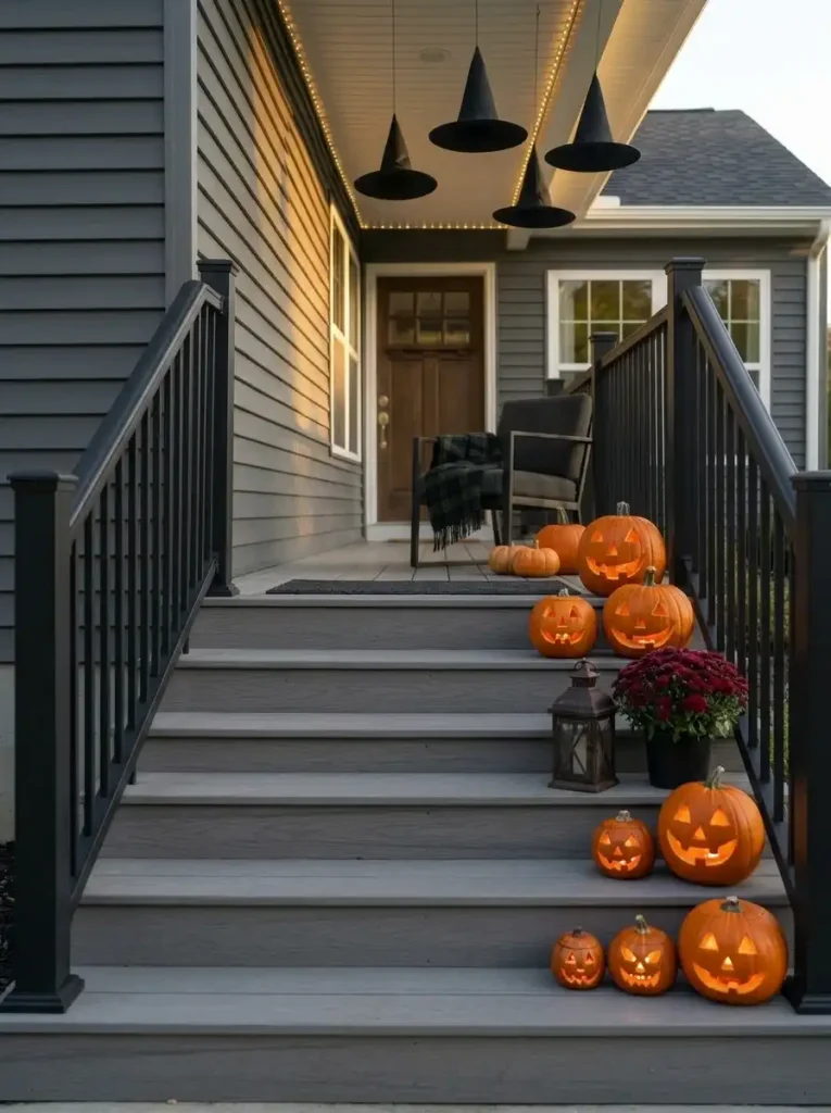 Jack-o'-lanterns taper along one side of double-wide porch steps while the central route to the entrance stays open.