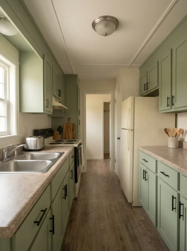 Existing laminate countertop looks more cohesive after surrounding mobile home kitchen finishes are simplified.
