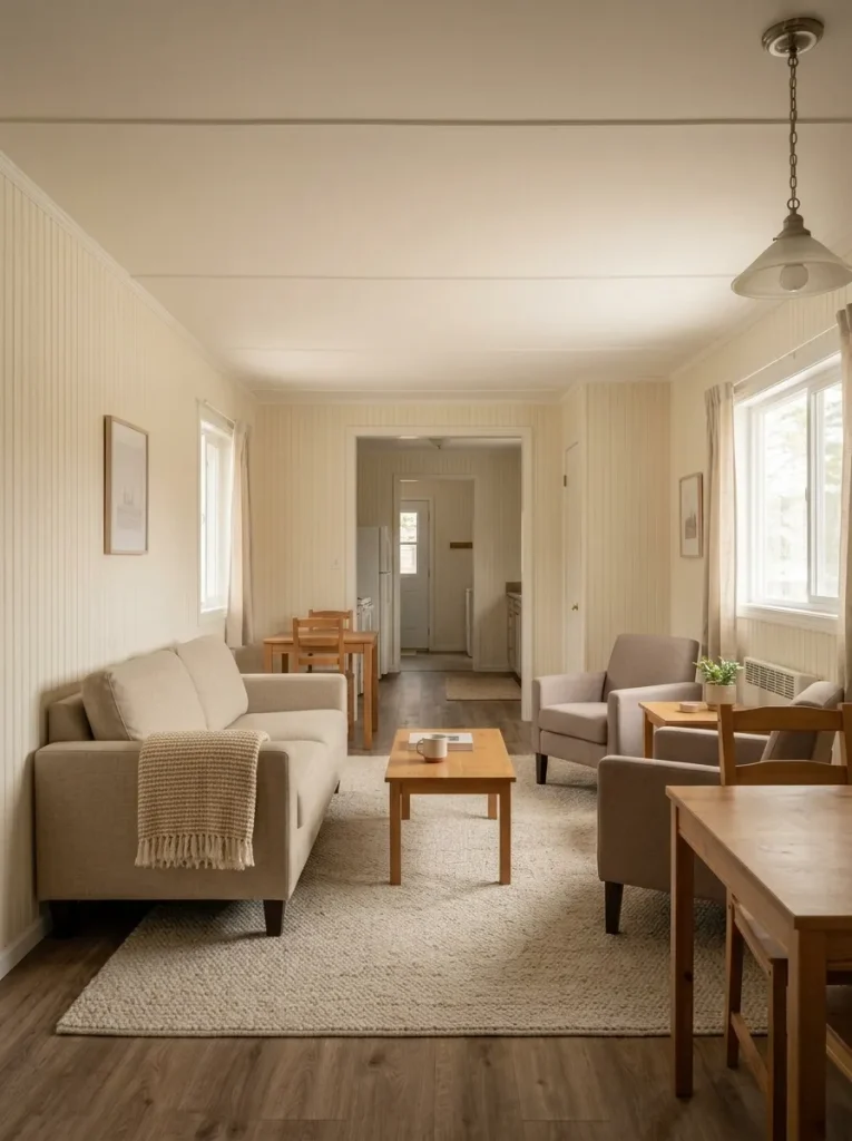 Large neutral rug connects the seating area and visually refreshes an older mobile home living-room floor.