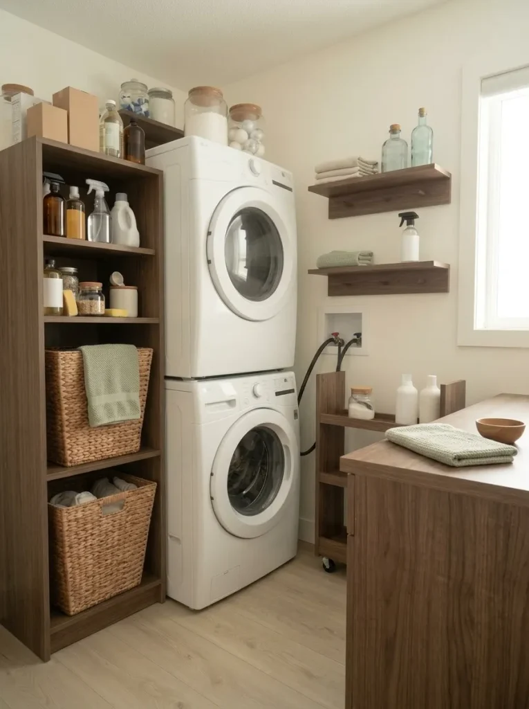 Laundry supplies organized by frequency with active products at easy reach and backup stock grouped on a higher shelf.