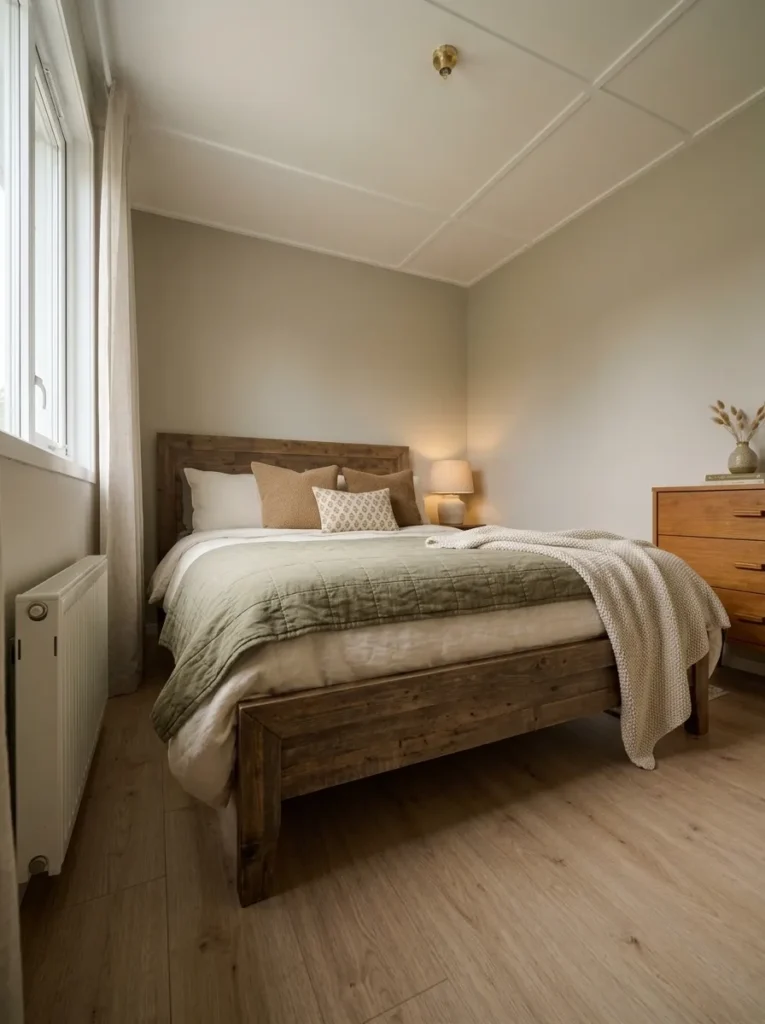 Layered ivory and sage bedding adds softness to a cozy mobile home bedroom while the surrounding floor stays clear.