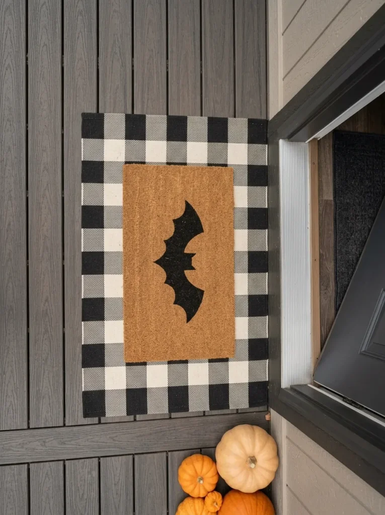 Overhead view of a layered Halloween doormat at a small mobile home threshold with the front door open and floor space kept clear.
