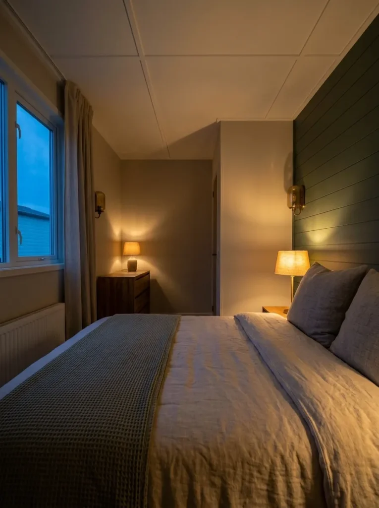 Layered bedside and dresser lamps create warm pools of light in a cozy mobile home bedroom at night.