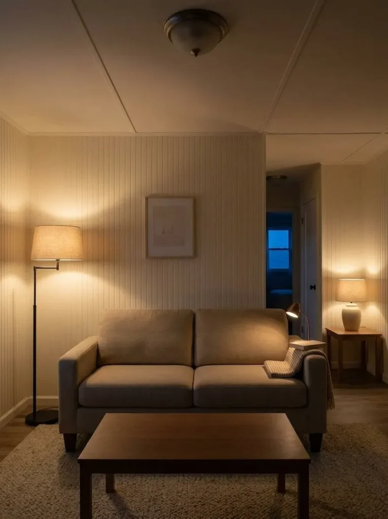 Layered plug-in lamps create warm evening depth in a compact mobile home living room.
