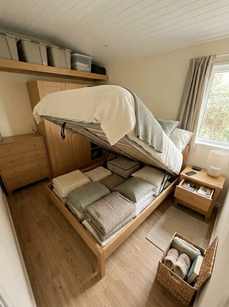 Lift-up bed in a small mobile home bedroom revealing organized storage for bulky bedding beneath the mattress.