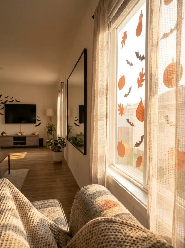 Backlit mobile home window with translucent orange Halloween decorations that allow daylight to remain visible through the display.