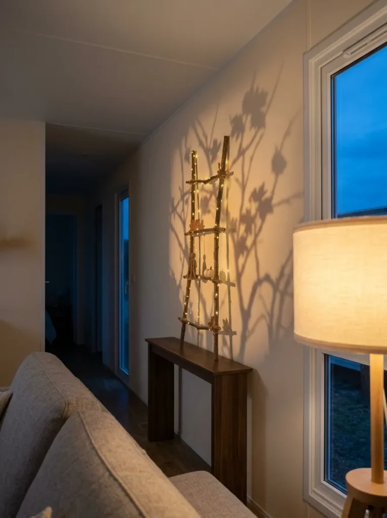 Lighted branch wall installation casting warm autumn shadows in a compact mobile home living room at twilight.