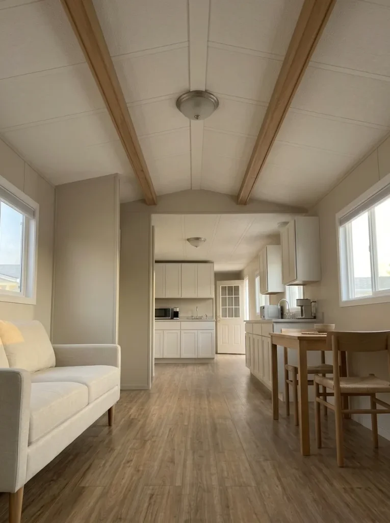 Lightweight faux beams follow the long axis of a mobile-home living room without overwhelming the low ceiling.