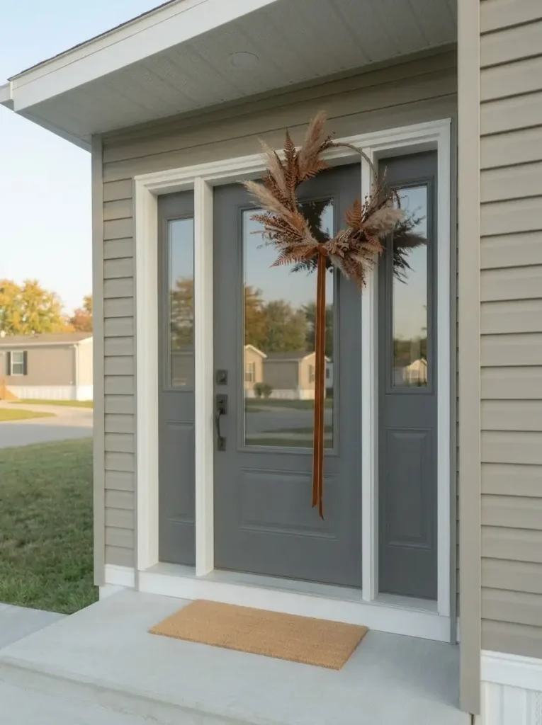 Fall wreath with one long ribbon tail visually lengthening a compact mobile home front door.