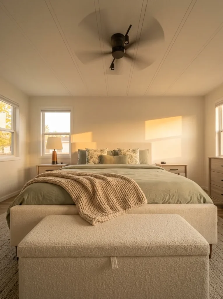Low-profile ceiling fixture keeps a small mobile home bedroom airy while warm lamps and textiles create coziness below.