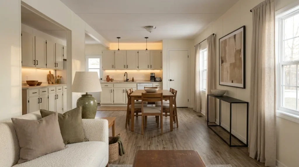 Budget-upgraded mobile home interior with coordinated living room, dining area, lighting, curtains, flooring and kitchen finishes.