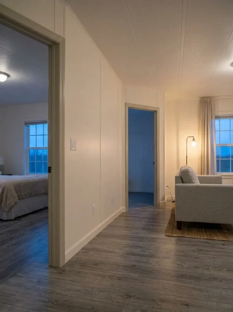 Matching switch and outlet cover plates create a cleaner finish across connected mobile home walls.