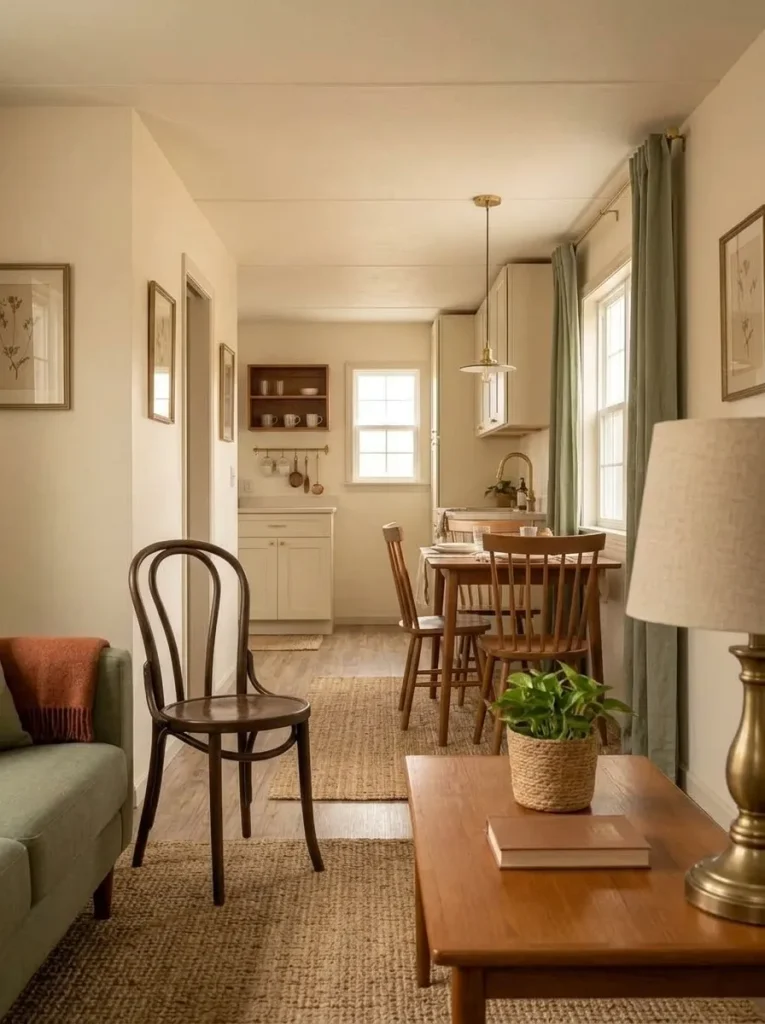Repeating one material across connected rooms can make thrifted pieces bought years apart feel like they belong to the same home.