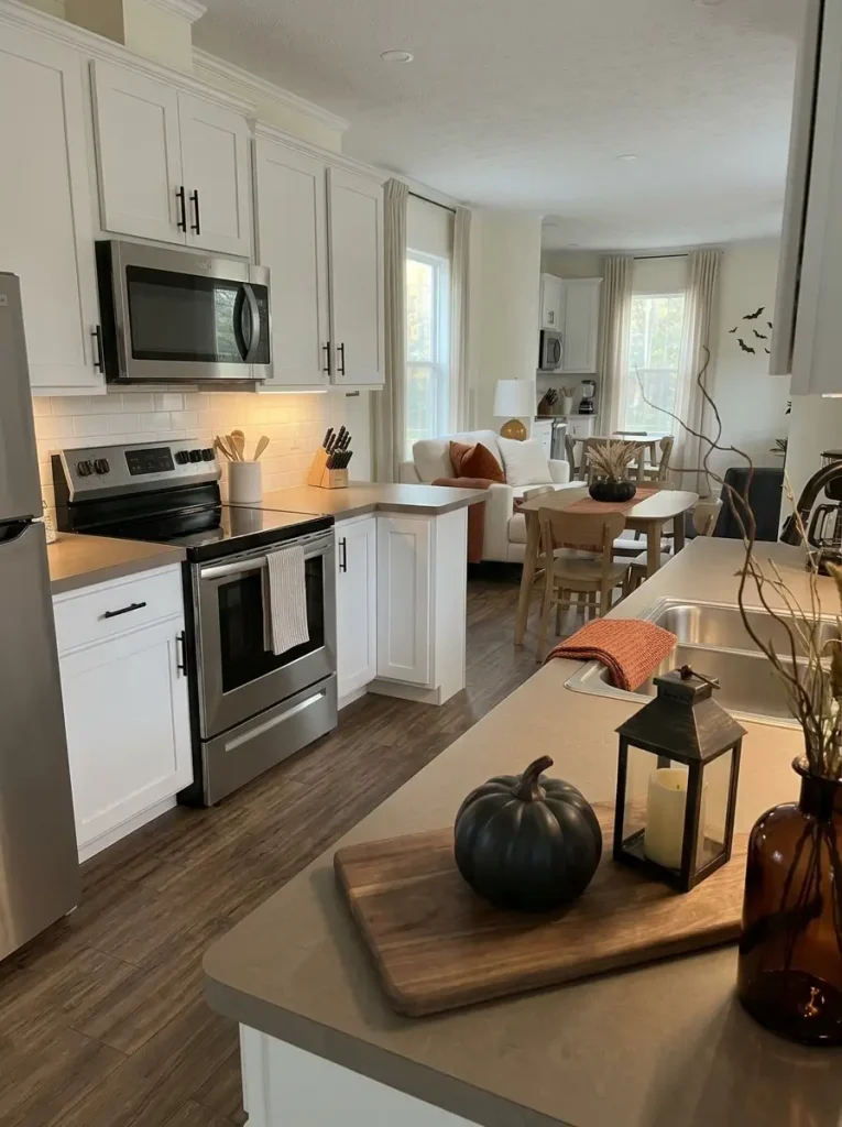 Compact mobile-home kitchen balances stainless appliances with matte ceramic, aged metal, cotton, and wood Halloween accents.