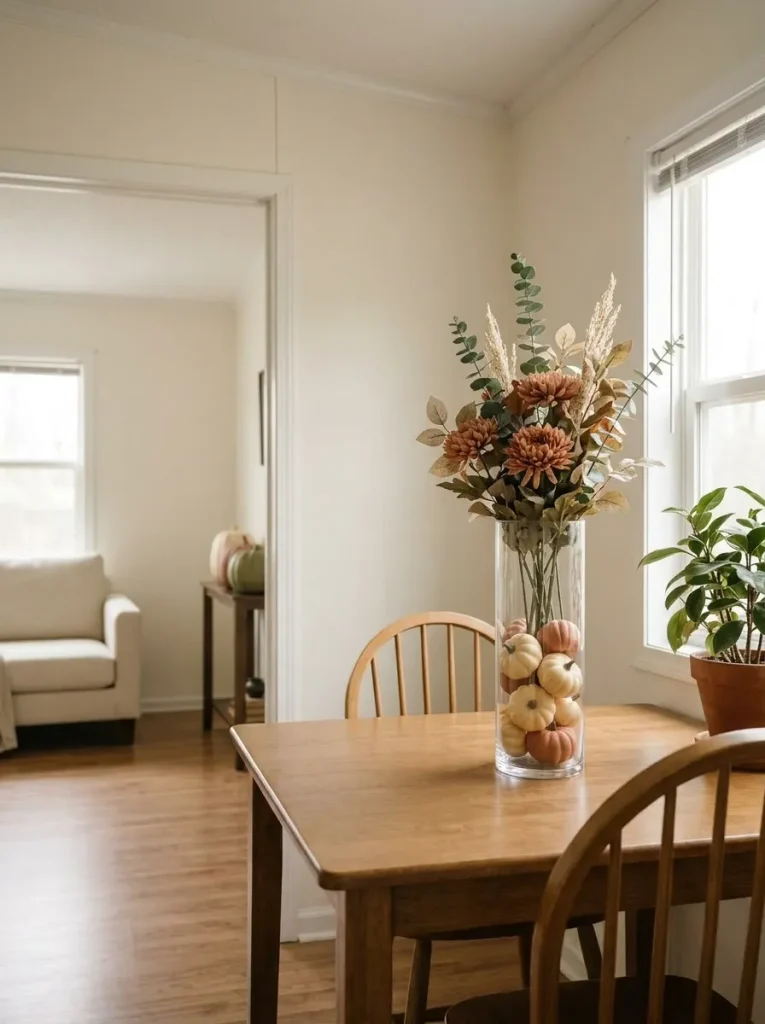 Clear cylinder filled with mini pumpkins and tall autumn stems on a compact mobile home dining table with open surface around it.