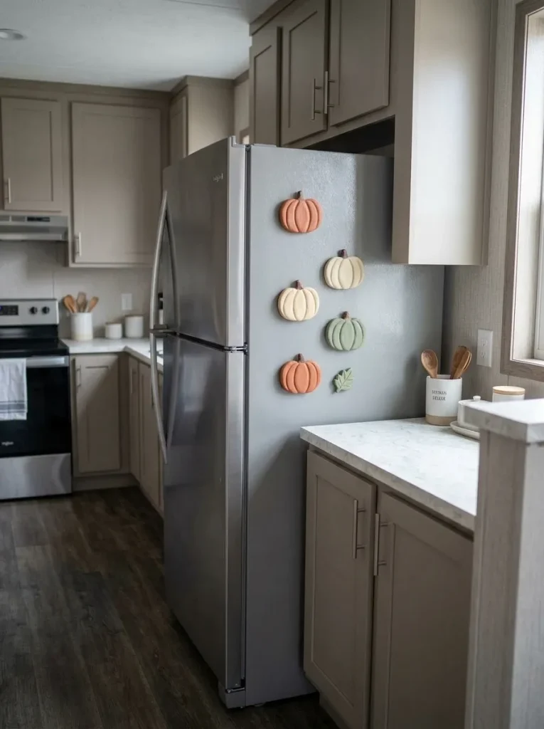 Five mini-pumpkin magnets arranged vertically on the side of a refrigerator in a compact mobile home kitchen with counters left clear.