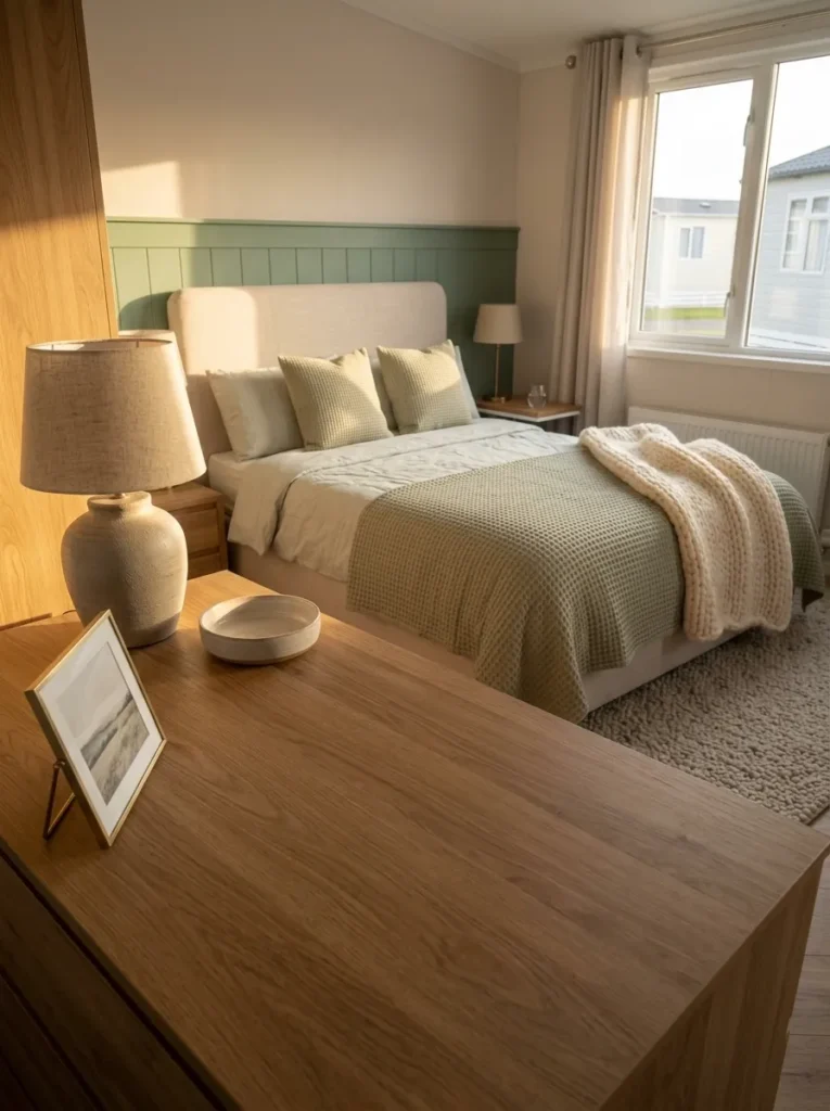 Leaving part of the dresser surface open gives the eye a visual pause opposite a richer, more textured bed.