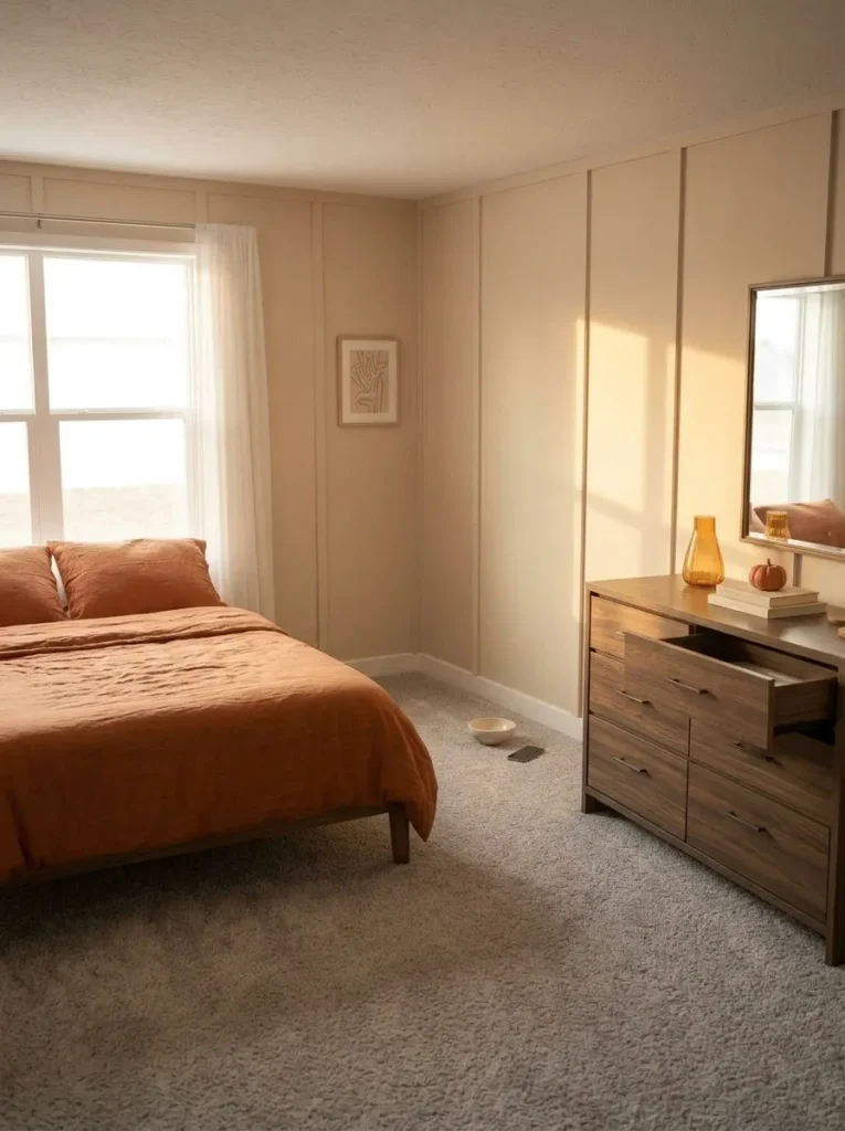 Small mobile home bedroom with one nearly bare nightstand creating visual rest beside more intentionally styled fall surfaces.