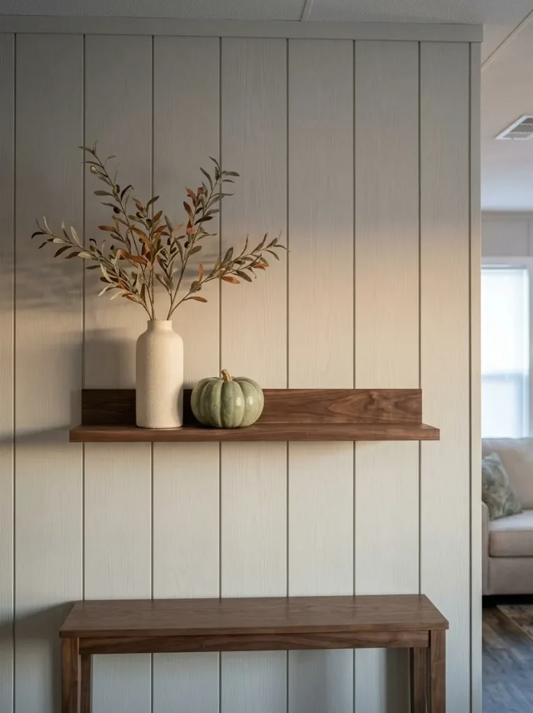 A tall object, one rounded seasonal form, and visible negative space can make a small fall vignette feel more deliberate than a crowded shelf.