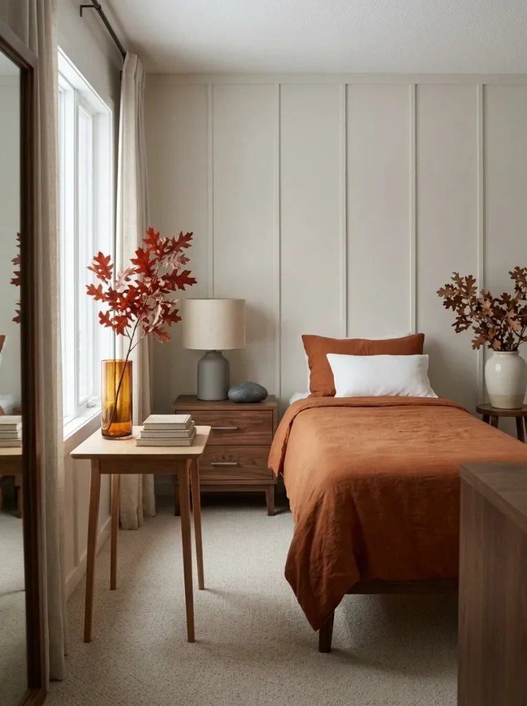 Mismatched bedside tables balanced with different amounts of fall decor in a compact mobile home bedroom.