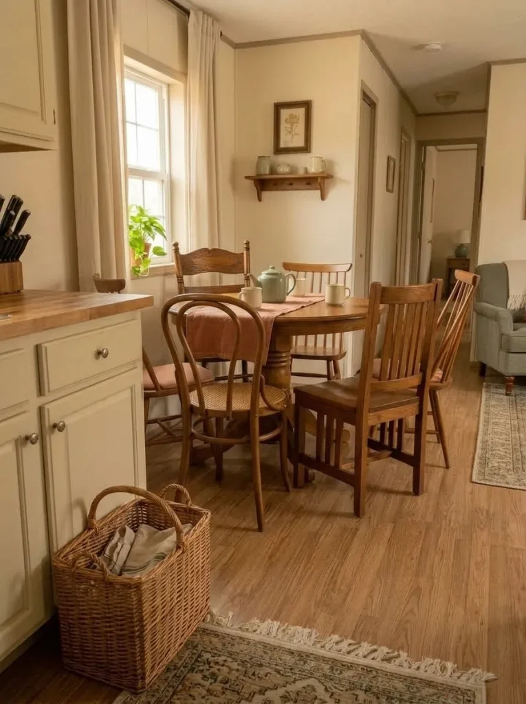 Four mismatched thrifted dining chairs unified by similar warm wood tone and seat height in a mobile home dining area.