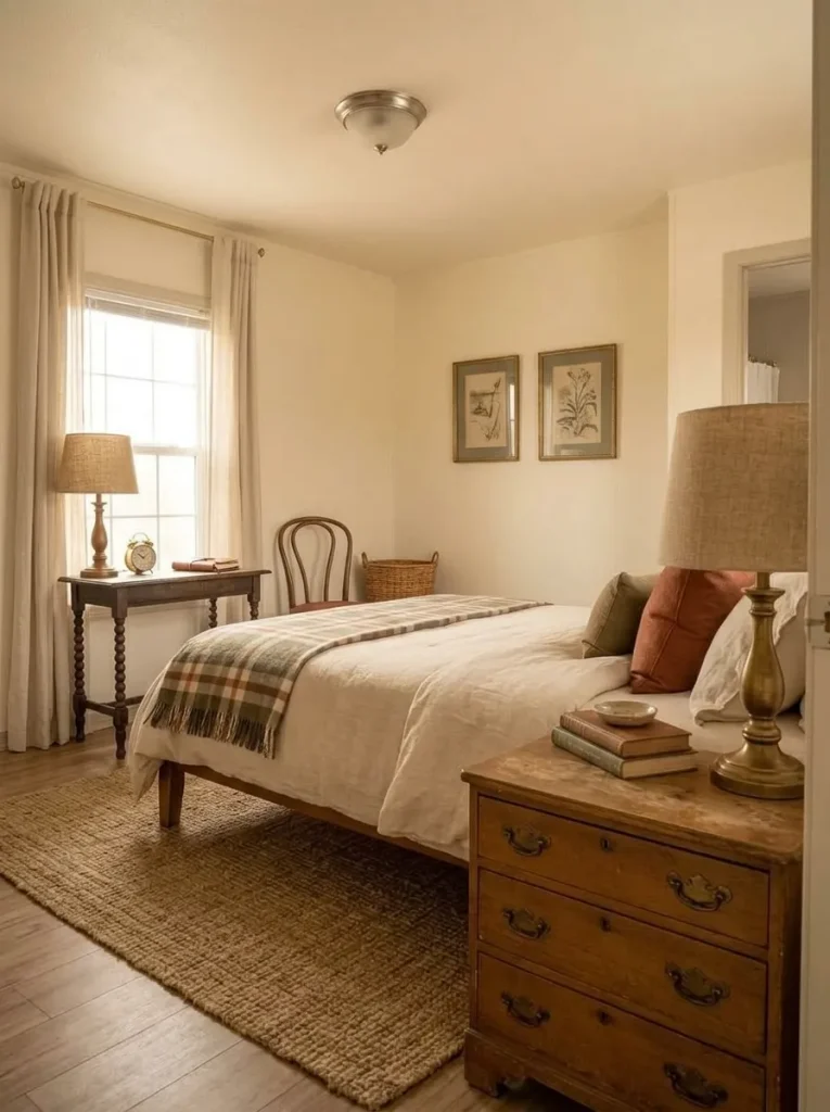 Mismatched thrifted nightstands balanced by related height, lamps and wood tones in a small mobile home bedroom.