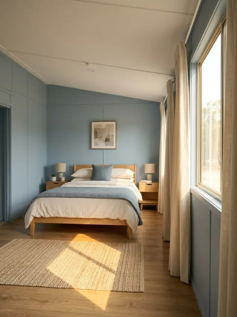Misty blue mobile home bedroom balancing warm sunlight, honey wood flooring, and warm-white bedding.