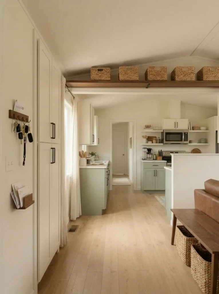 Lightweight household backstock stored on a high shelf above a doorway while frequently used storage remains within easier reach.