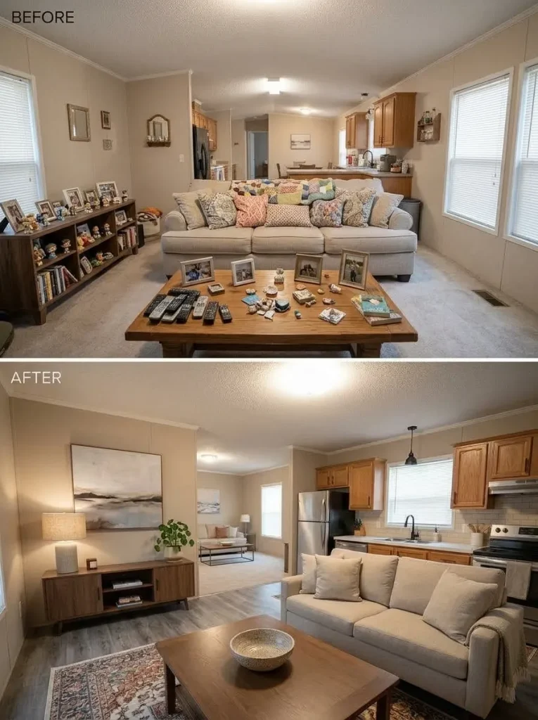 Updated mobile home living room before and after excessive small décor is edited into fewer larger finishing pieces.