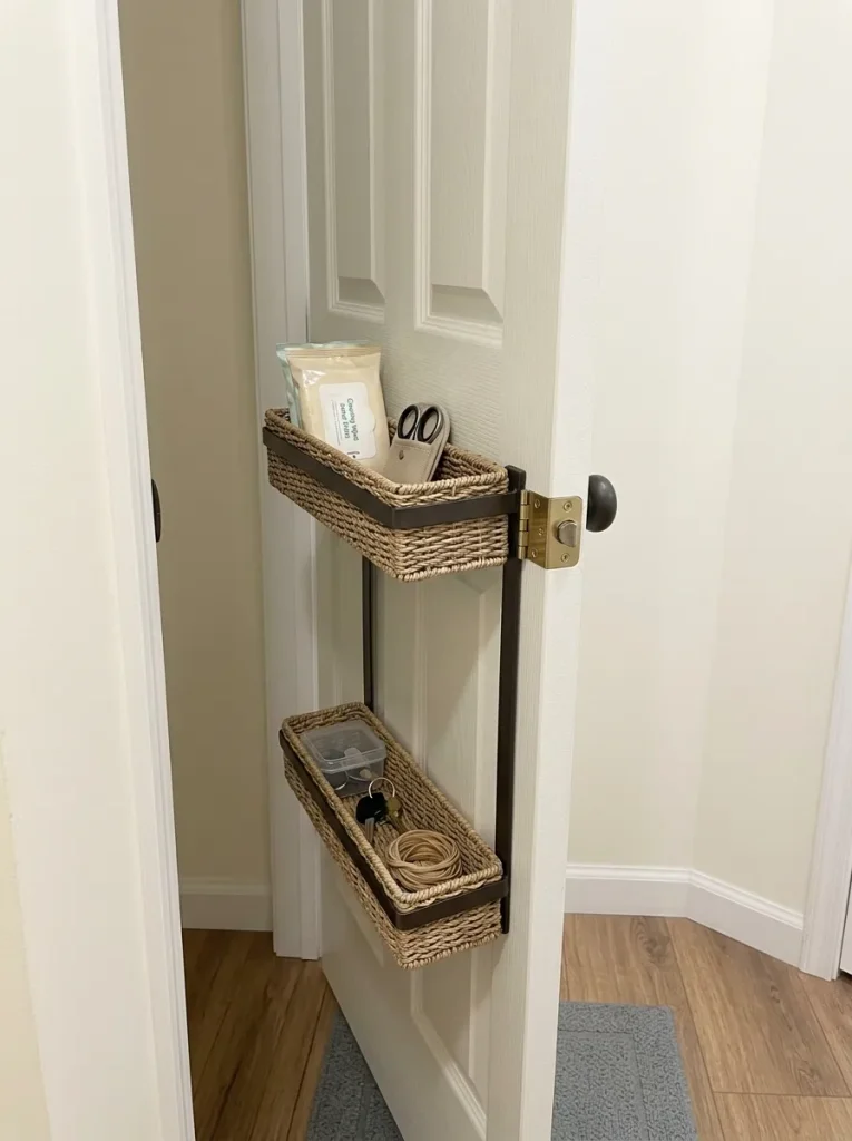Shallow back-of-door utility rack shown in profile with enough clearance for the door to open normally.