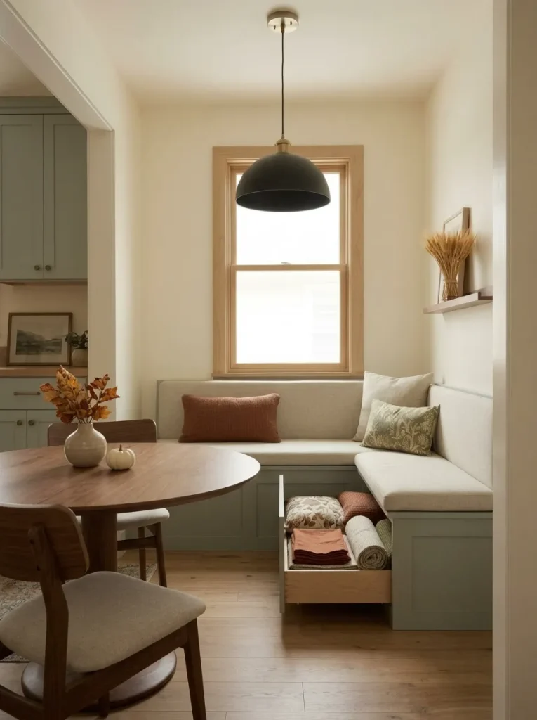Built-in mobile home banquette with an open storage drawer holding fall linens while the dining table remains lightly decorated.