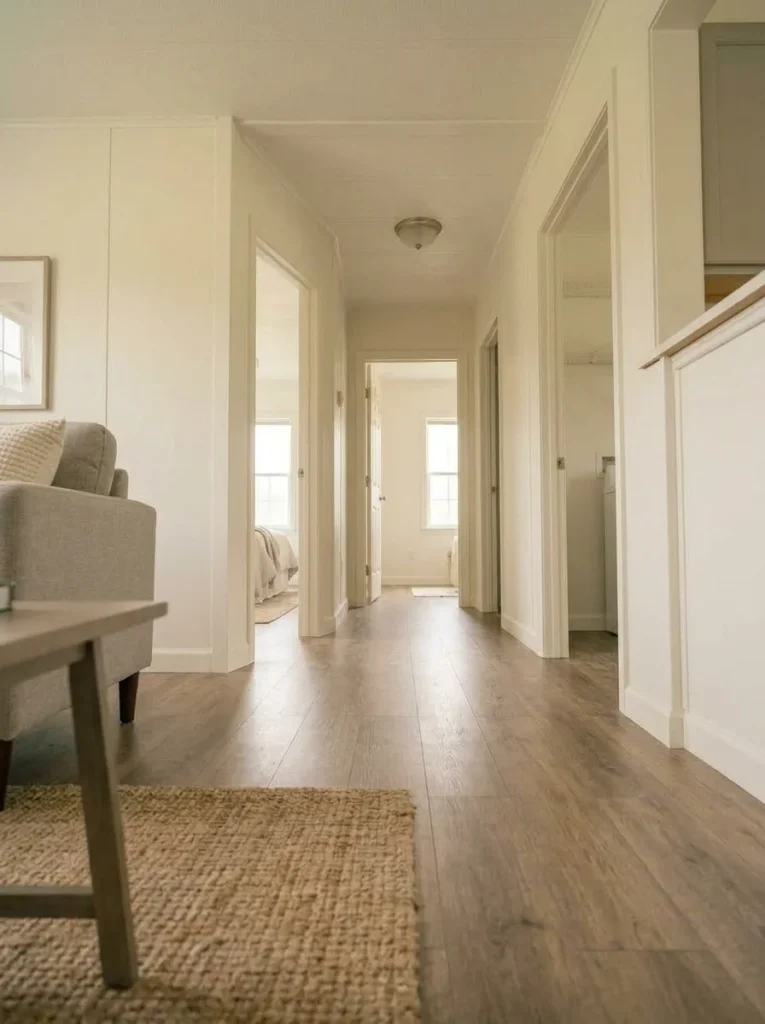 Freshly painted matching baseboards and door trim create visual continuity through connected mobile home rooms.