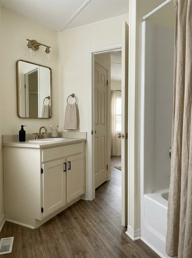 Small mobile home bathroom with a coordinated vanity, mirror, lighting and shower area creating a finished first impression.