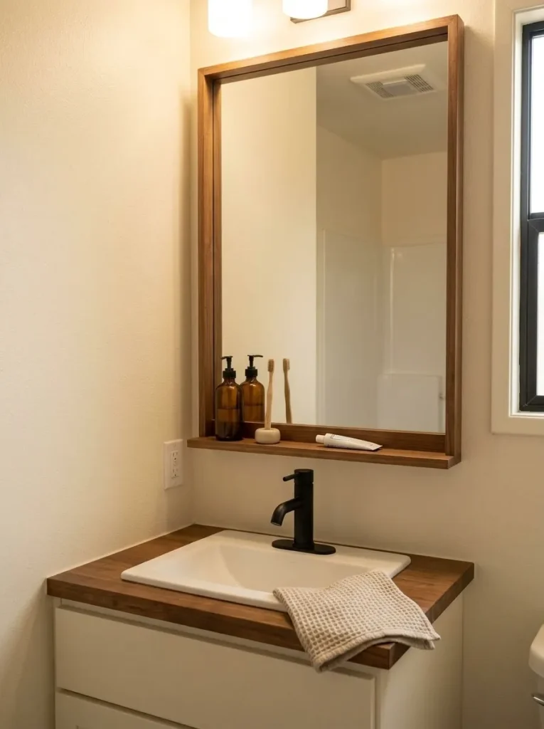 Framed bathroom mirror with a shallow ledge that clears the small vanity counter in a mobile home.