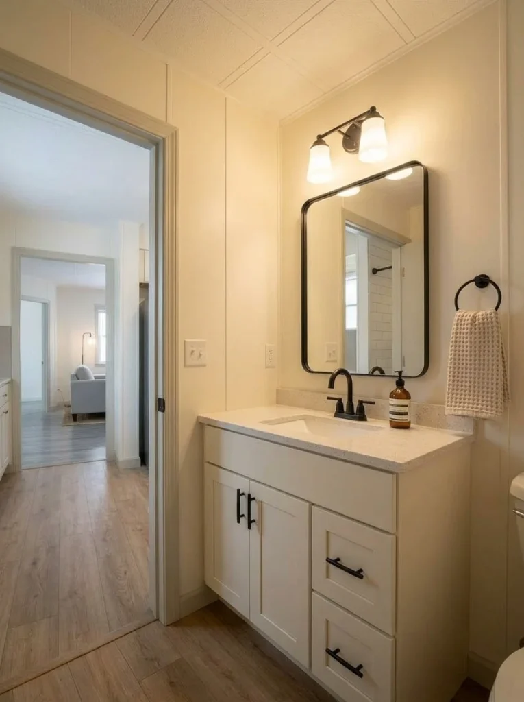 Better-proportioned mirror and coordinated metal finishes create a more polished small mobile home bathroom.