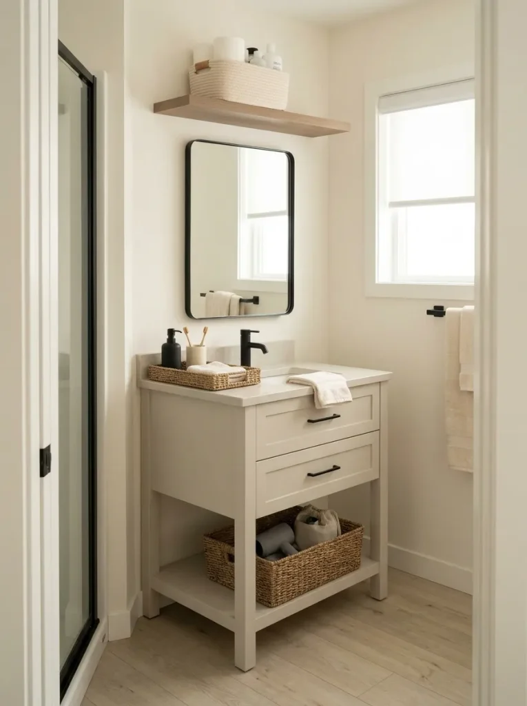 Compact mobile home bathroom with daily products at easy reach, weekly items in secondary storage and backup toiletries stored higher.