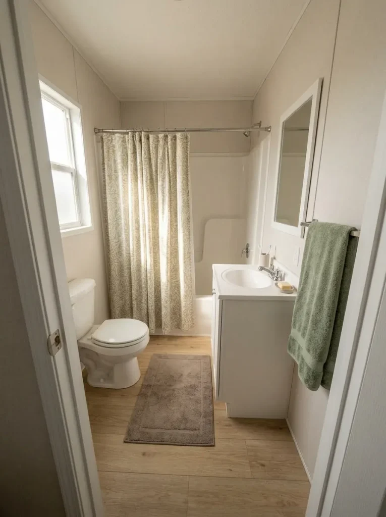 Small mobile home bathroom coordinated with a patterned shower curtain, matching towel and quiet bath mat.