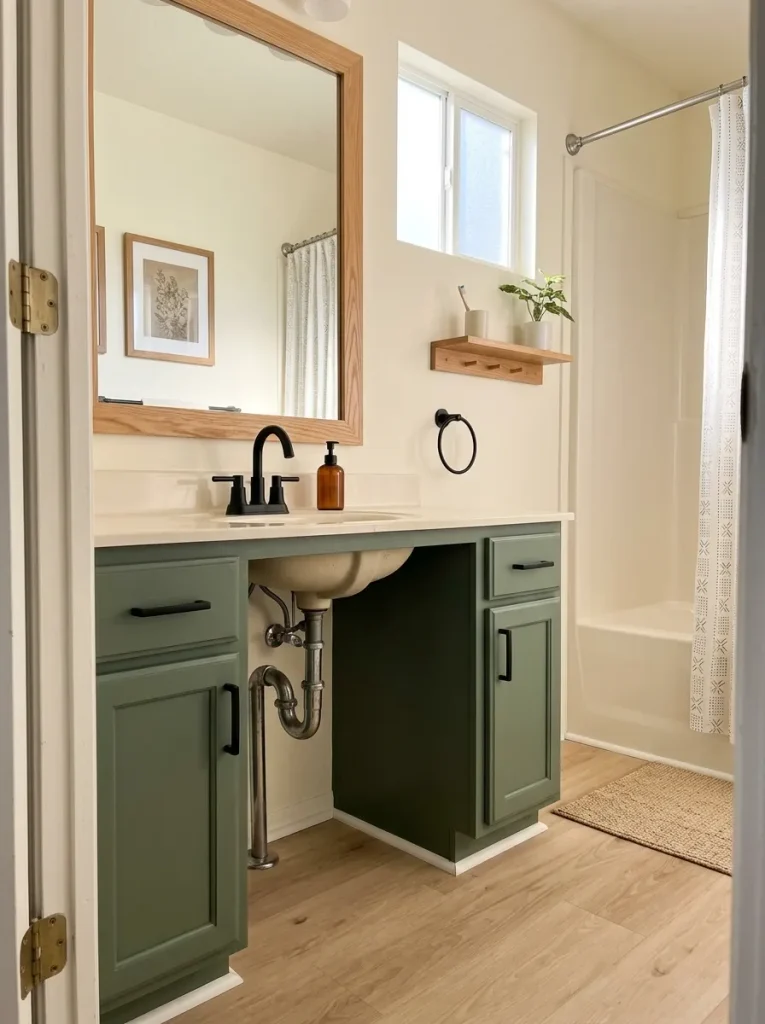 Small mobile-home bathroom with the existing vanity cabinet refinished while the sink and plumbing layout remain unchanged.