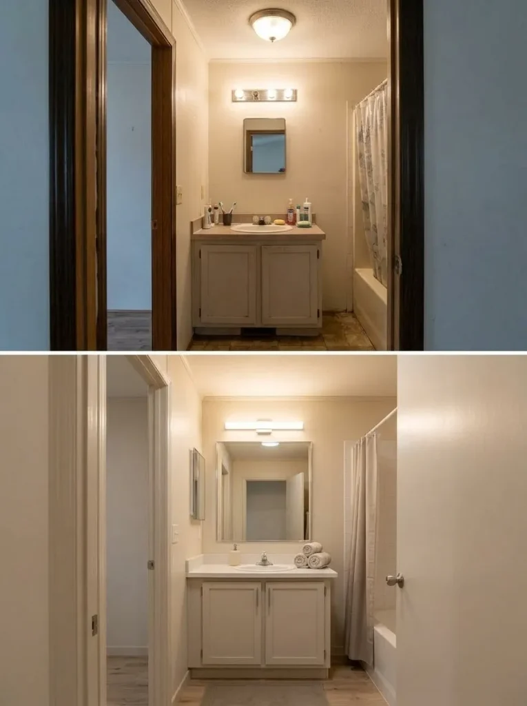 Compact mobile home bathroom before and after the vanity, mirror, and light are visually connected into one balanced wall composition.