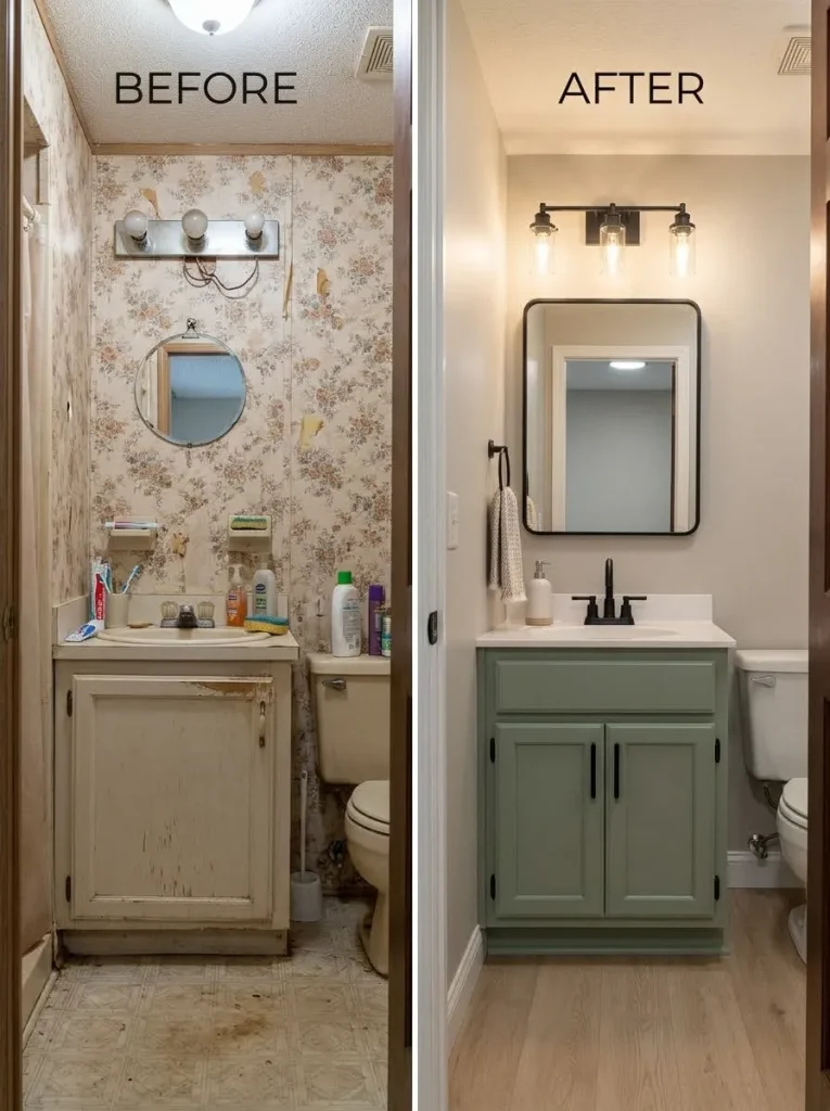 Small mobile home bathroom before and after updating the vanity, mirror, lighting and nearby finishes.