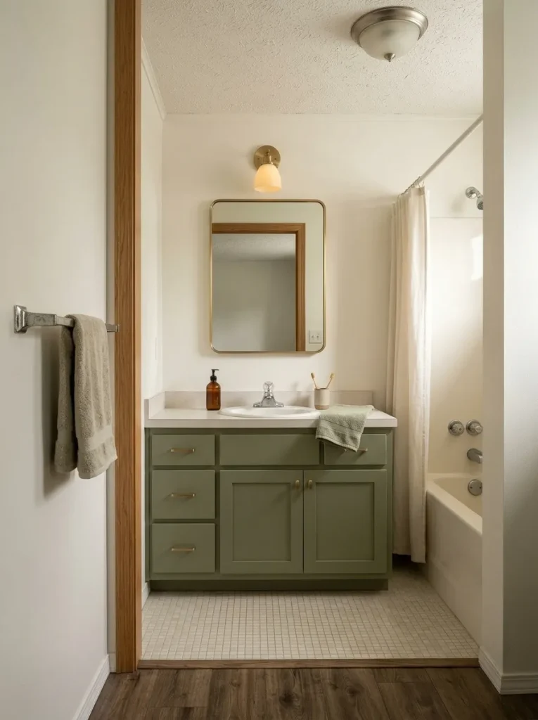 Clean vented skirting and a tidy ground edge visually anchor the base of a mobile home.